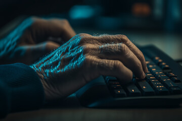 Close-up of hands typing on a black keyboard, symbolizing productivity, digital communication, and office work.