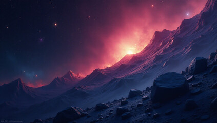 A digital illustration of an alien planet landscape with sharp mountains and dramatic sunrise lighting, creating a futuristic and mysterious atmosphere. A breathtaking outer space scene with stunning 