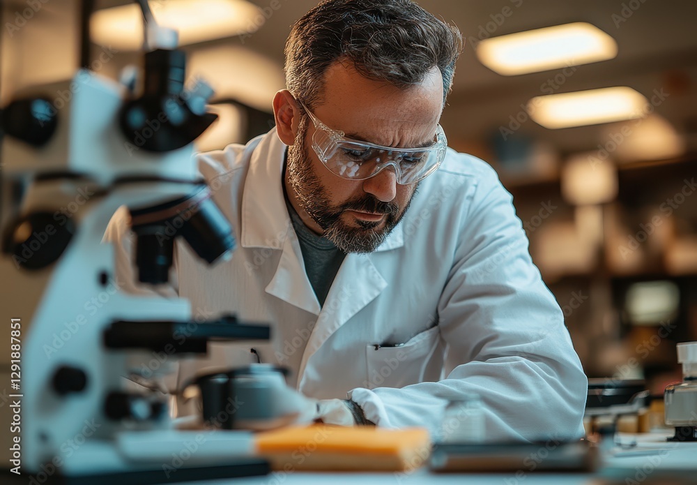Poster focused scientist in laboratory wearing protective gear, analyzing samples with microscope and lab e