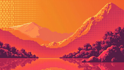A vibrant pixel art illustration of a mountain landscape with a stunning sunset reflection on a lake. Warm orange and red tones create a nostalgic retro aesthetic. Perfect for gaming, digital art, and