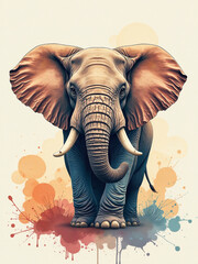 A stunning digital illustration of a majestic elephant with intricate details, standing against a creative watercolor splash background. Perfect for wildlife, nature, and artistic-themed designs