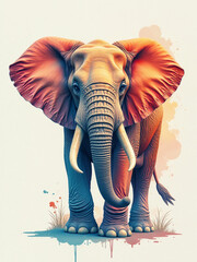 A stunning digital illustration of a majestic elephant with intricate details, standing against a creative watercolor splash background. Perfect for wildlife, nature, and artistic-themed designs