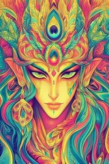 Vibrant Psychedelic Goddess Ornate Headdress and Jewel-Toned Hair
