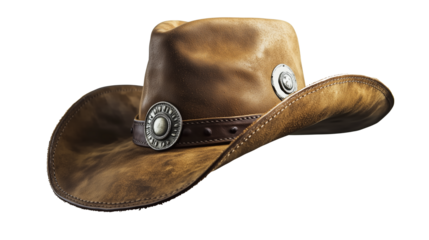 Cowboy Hat with Western Style and Weathered Brown Leather PNG isolated Transparent White Background Photo Image Full hd 4k Download