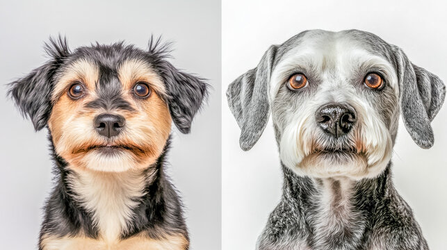 Young and old dog showing aging process side by side