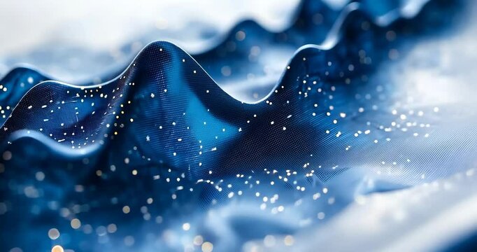 Low angle static shot: Blue digital waves ripple and flow smoothly, creating a calming and mesmerizing visual.
