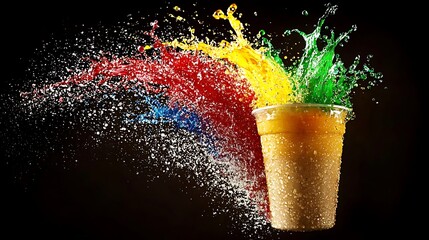 Striking Buy 1 Get 1 Free typography with high-speed bursts of multicolored liquid splashes, forming an electrifying and eye-catching promotional look