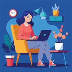 a girl is using his laptop vector
