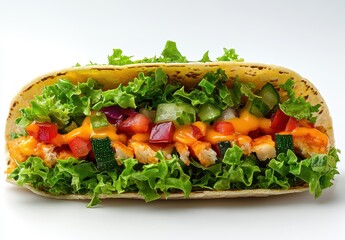 Fresh and Colorful Taco Filled with Leafy Greens, Grilled Chicken, Cheddar Cheese, and Vibrant Vegetables Perfect for Food Lovers and Culinary Enthusiasts