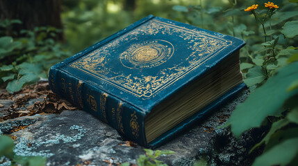 Aged book rests on mossy rock in forest