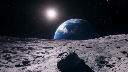 Planet earth majestically rises above the desolate lunar horizon, partially eclipsed by the radiant sun, creating a breathtaking celestial spectacle - Powered by Adobe