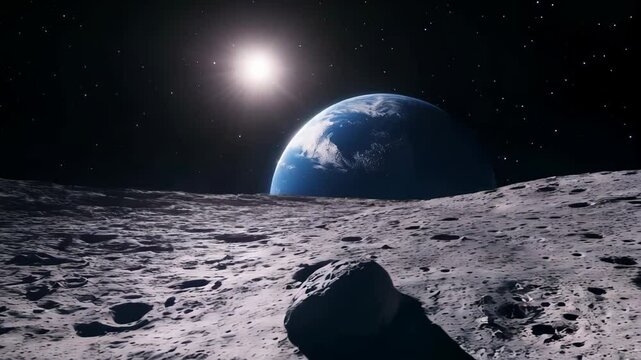 Planet earth majestically rises above the desolate lunar horizon, partially eclipsed by the radiant sun, creating a breathtaking celestial spectacle