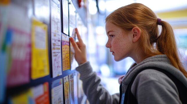 Girl reading school announcements on a bulletin board.
