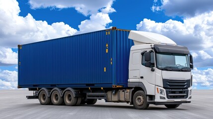 Truck transports container, sunny day, logistics