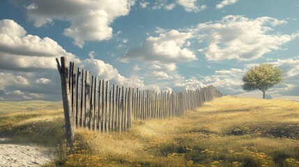 Obraz premium Floating fence in a surreal landscape, defying gravity. 