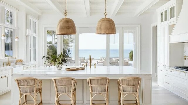Natural light floods a luxurious white kitchen with a central island, wicker bar stools, and a breathtaking ocean view visible through large windows Concept of real estate