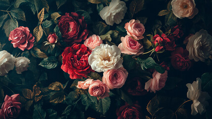 Dark floral wallpaper with dramatic roses and peonies
