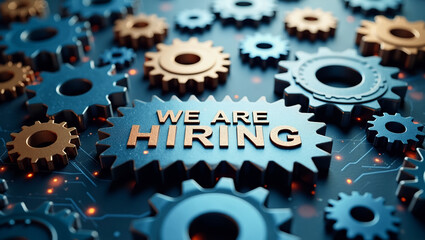 Job recruitment announcement with gears symbolizing opportunities for growth in the industrial sector