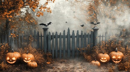 Halloween-themed fence with pumpkins, mist, and spooky decorations. 