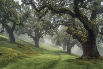Fototapeta premium Serene Foggy Forest Pathway Surrounded by Majestic Trees