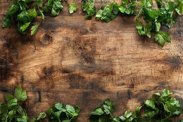 Wooden table top with green vegetables on it