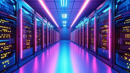 A high tech quantum server room glowing with neon lights, visualizing data processing and futuristic cyber security