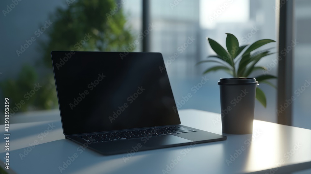 Poster modern laptop on desk with coffee; office workspace; digital work; use for presentations, web design