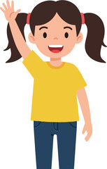 Obraz premium Cheerful young girl with pigtails waving happily in a bright yellow shirt and blue jeans, illustrated in a flat vector art style
