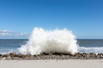 Fototapeta premium powerful wave crashing against rocks, creating dramatic splash of foam under clear blue sky