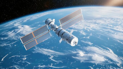 A minimalist futuristic space station floating above Earth, processing and relaying digital data streams in real time