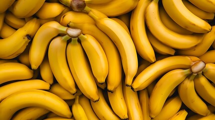 Fresh Bananas Stacked, Market Display, Yellow Fruit, Background Blur