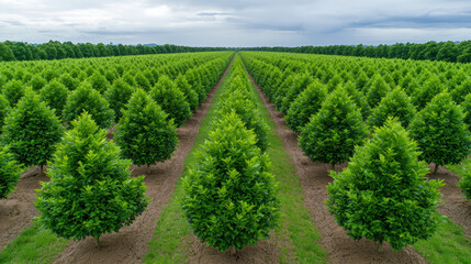 Naklejka premium Aerial view of lush reforestation project with rows of green trees