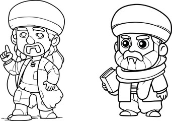 Cartoon Arabic Wise Men with Books – Black and White Drawing