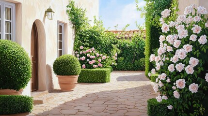 Naklejka premium A picturesque Provence courtyard featuring neatly trimmed boxwood shrubs, surrounded by cascading soft pink and white climbing roses, with a winding sandstone