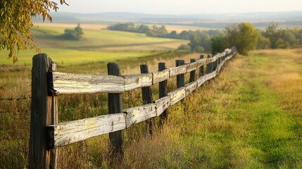 Rustic farm fence with a scenic countryside background. 