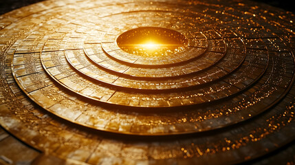 Golden, concentric circles, glowing center, abstract design