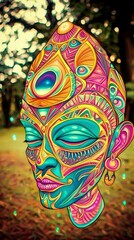 Serene Psychedelic Mandala Face in Vibrant Colors Against a Blurred Forest Background