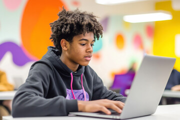 Teenage student focused on laptop in a colorful modern classroom, wearing a hoodie, engaged in learning or studying technology