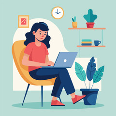 a girl is using his laptop vector