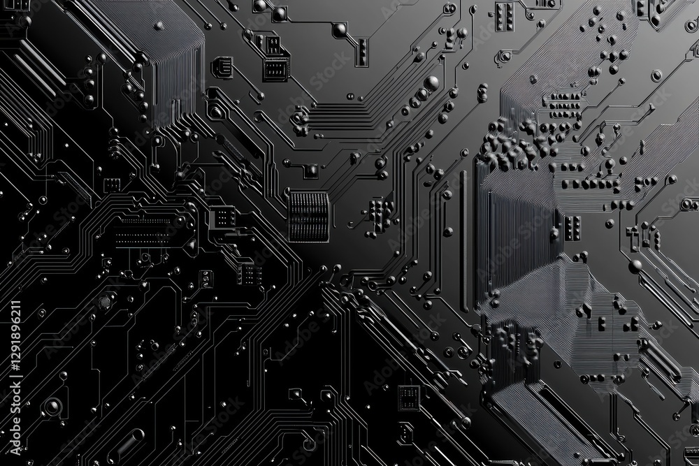 Poster high-tech graphic design featuring intricate circuit board patterns and textures