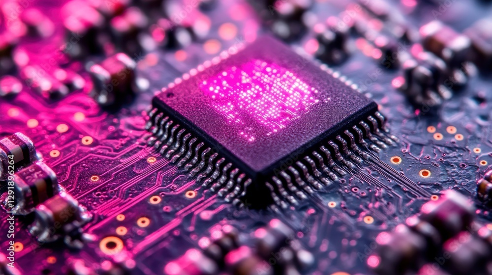 Poster close-up of a microchip on a circuit board, illuminated with vibrant pink light, showcasing intricat