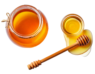 honey dipper and honey in jar isolated on transparent background. Natural bee Honey. Top view