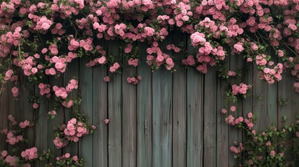 Springtime floral fence covered in blooming roses or cherry blossoms. 