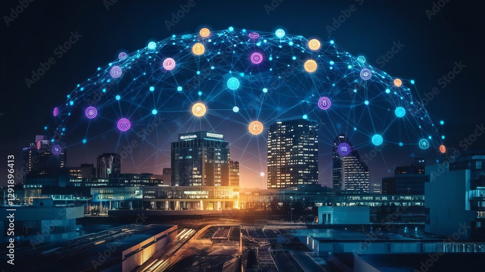 Poster digital skyline: a futuristic depiction of a cityscape interconnected by a vibrant network of digita