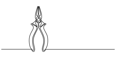 Construction wire cutters, pliers, vise grip, swagers one line art, Continuous one line drawing of pliers- engineer equipment. pliers in single line draw illustration. Editable stroke, pliers outline.
