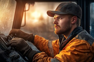 Fototapeta premium Determined Machinery Operator at Controls in Heavy Equipment Cabin