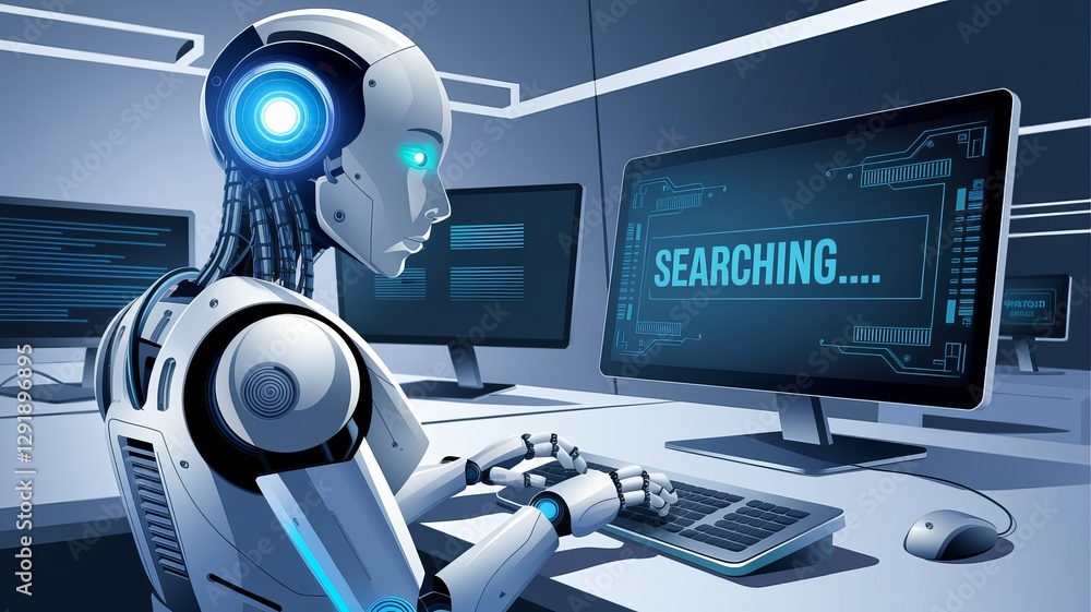 Poster futuristic search: a robotic figure, with sleek chrome skin and glowing accents, meticulously intera