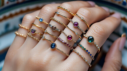 Colorful gemstone rings on hand, ornate background