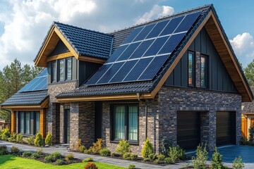 Modern home featuring tinted roof with solar panels in a serene landscape