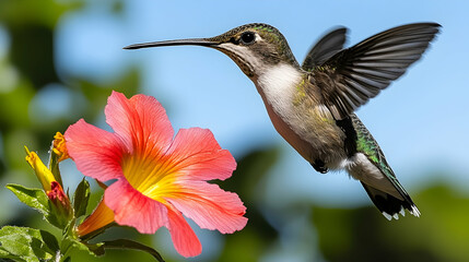 Fototapeta premium Hummingbird in flight, feeding on flower, garden setting